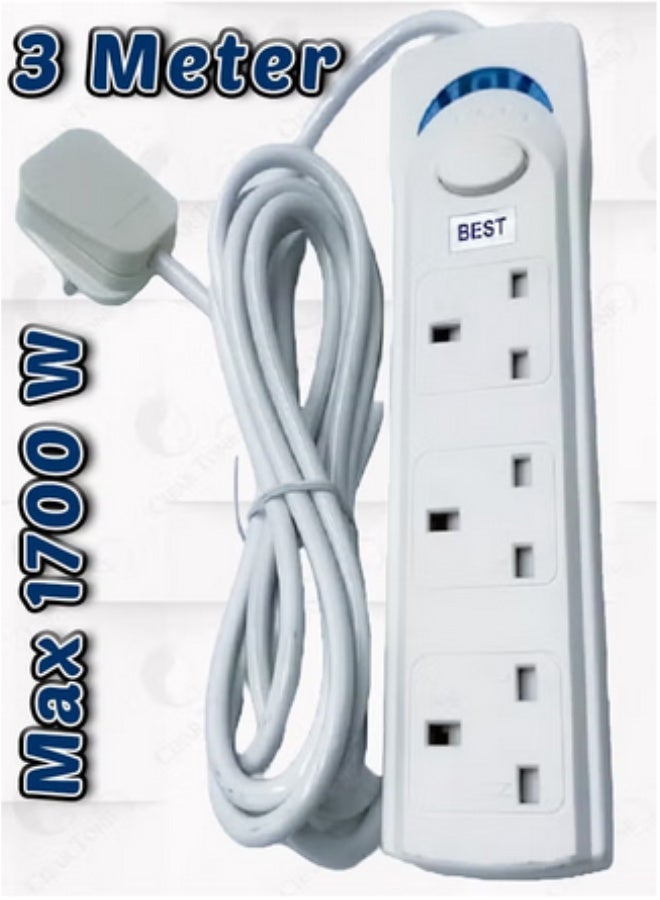 Best Power Strips Extension Cord | 3 Sockets Universal Plug Adapter with 3Meter Bold Extension Cable | Power Socket | Extension Board | Extension Cable | Extension Socket (White) - Image 2