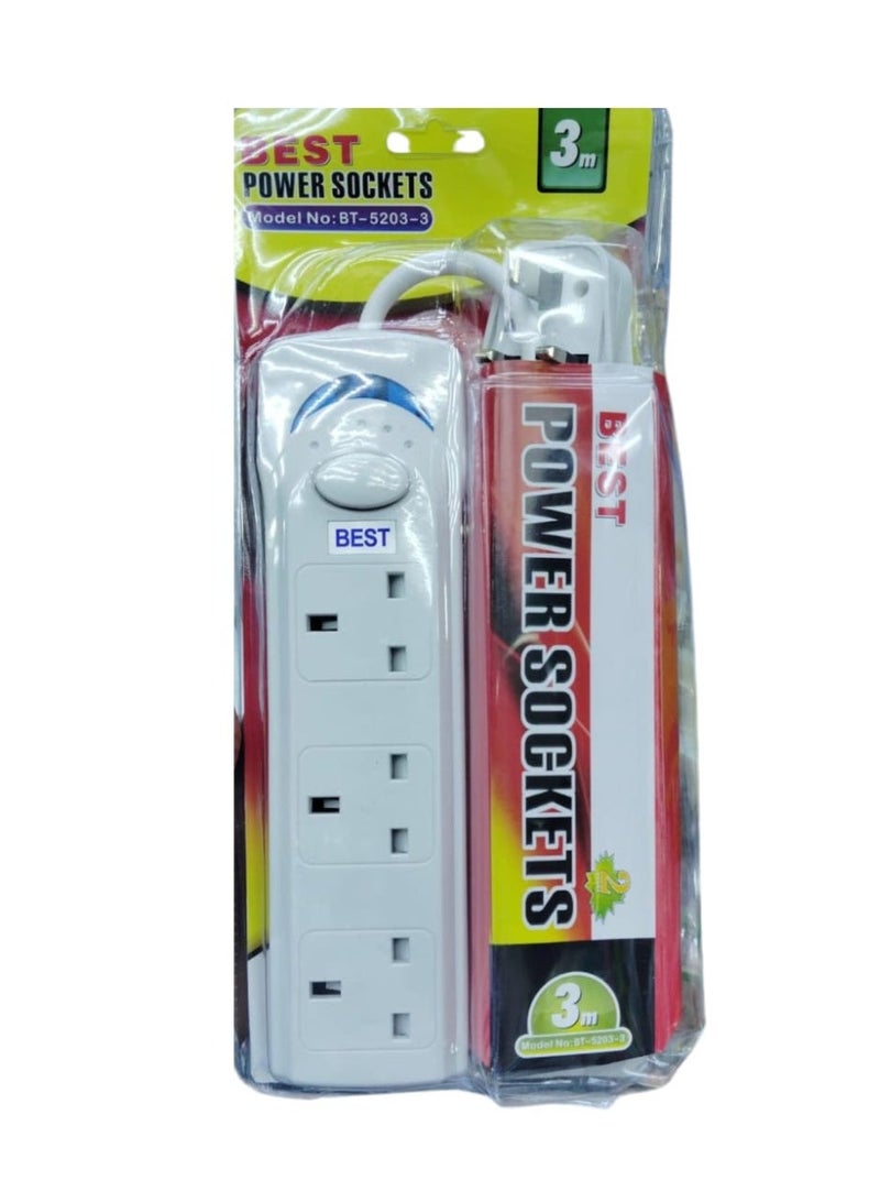 Best Power Strips Extension Cord | 3 Sockets Universal Plug Adapter with 3Meter Bold Extension Cable | Power Socket | Extension Board | Extension Cable | Extension Socket (White) - Image 3