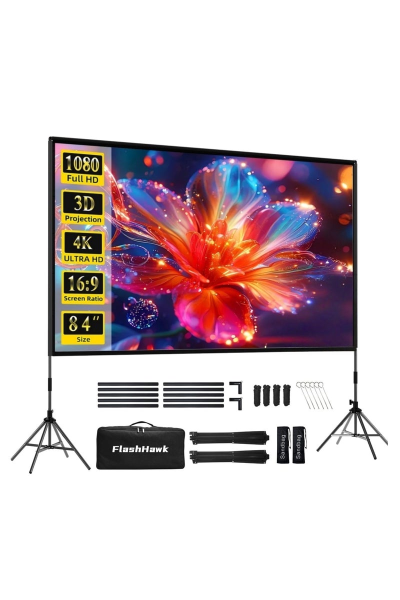 Flash Hawk Projector Screen with Stand -84 inch 16:9 4K HD Portable Outdoor Indoor Projector Screen Rear Front Projection Screen Lightweight Movie Screen with Four-Legged Frame Carry Bag for Home Theater  - Image 1