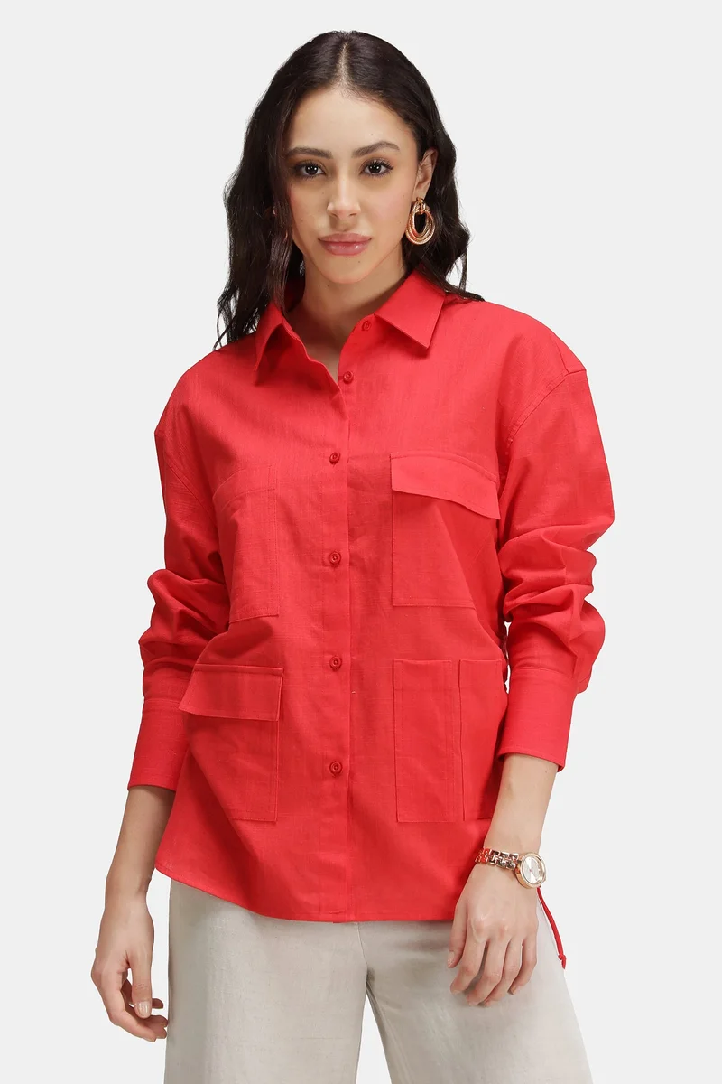 فيرجيو Solid Linen Longline Pocket Shirt for Women