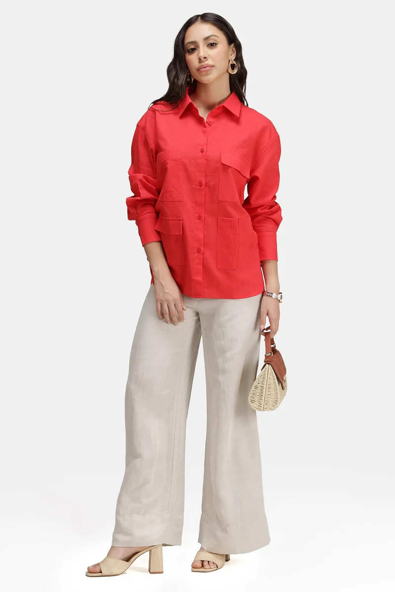 فيرجيو Solid Linen Longline Pocket Shirt for Women