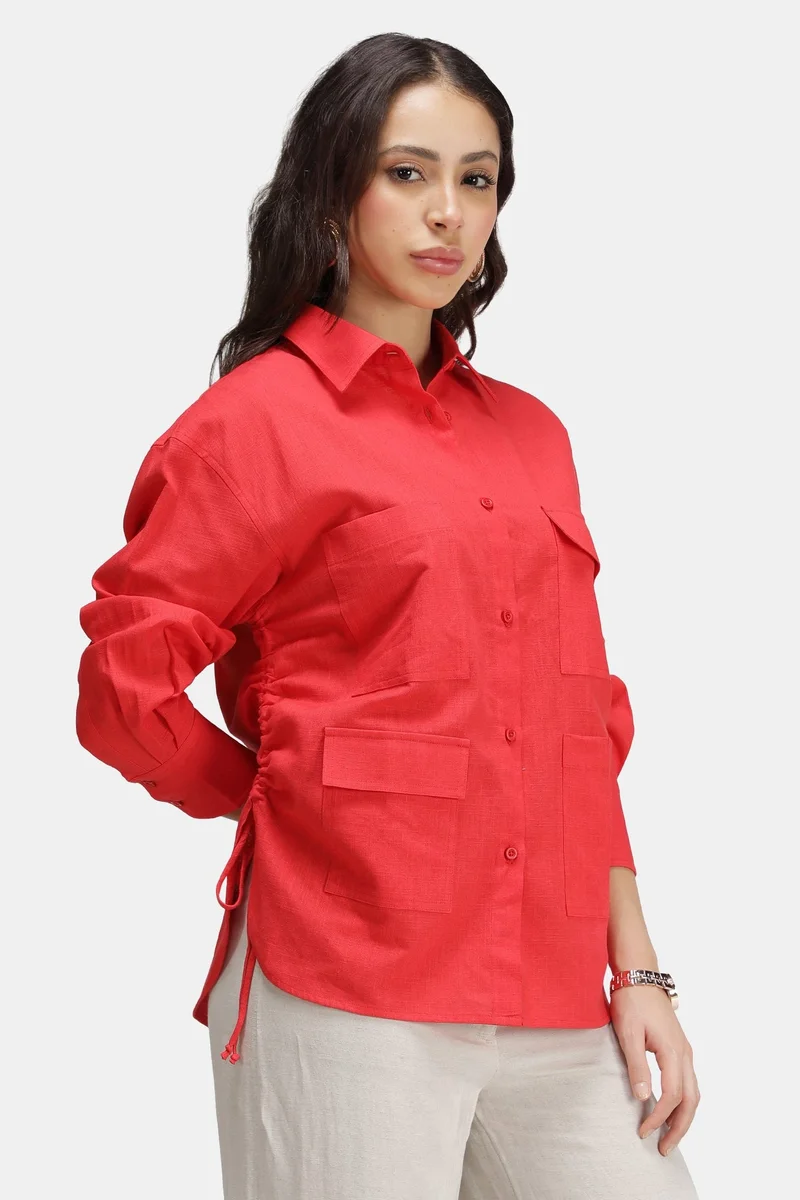 Virgio  Solid Linen Longline Pocket Shirt for Women for Women | Best Price UAE