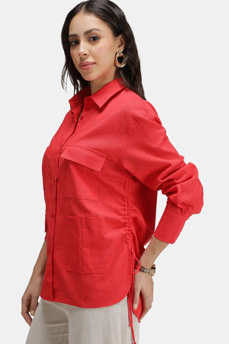 Virgio  Solid Linen Longline Pocket Shirt for Women for Women | Best Price UAE