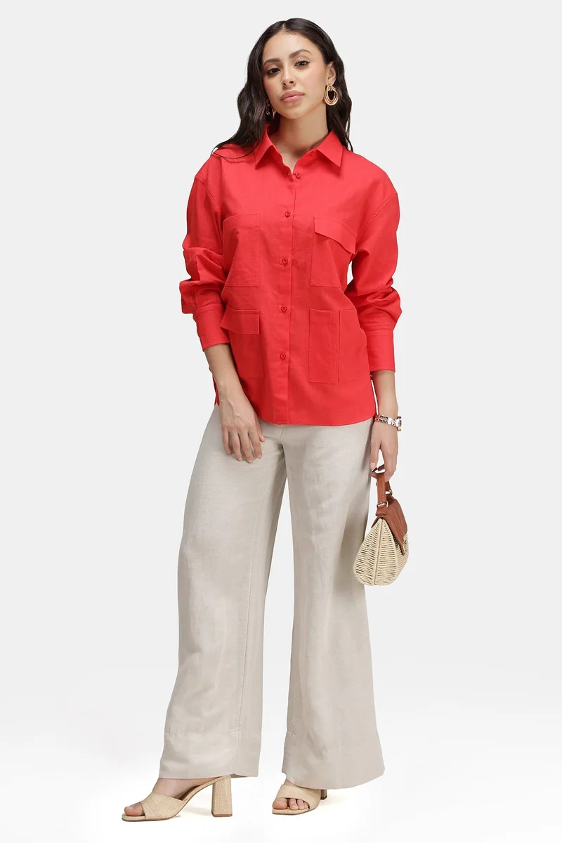 فيرجيو Solid Linen Longline Pocket Shirt for Women