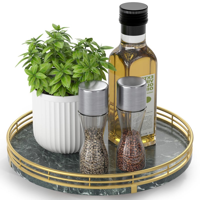 AMH Green Marble Lazy Susan Turntable for Table Top - 10” Round Marble Tray Organizer for Dining Table, Kitchen Countertop & Bar, Luxury Stone Serving Tray with Gold Frame - Image 1