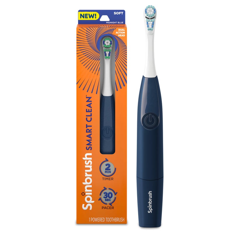 Spinbrush Smart Clean Battery Powered Electric Toothbrush for Adults with Dual Action Head, Pacer & Timer, Midnight Blue, Soft Bristles, 1 Count - Image 1
