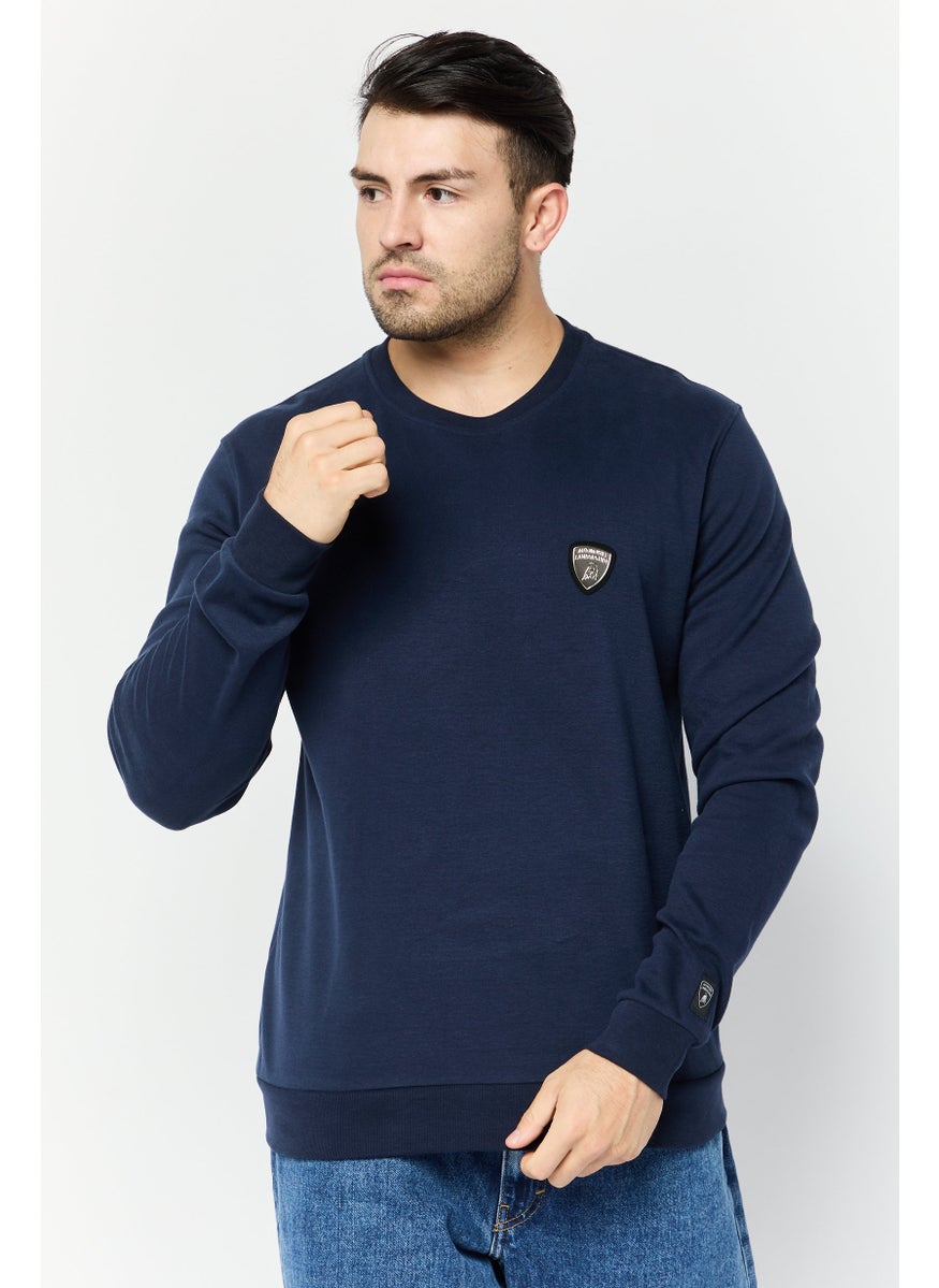 LAMBORGHINI Men Crew Neck Brand Logo Long Sleeves Sweatshirt, Navy  - Image 1