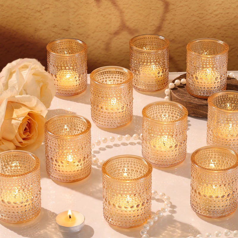 simeitol 15Pcs Glass Votive Candle Holders, Gold Tea Light Candle Holders Vintage Fall Tealight Candle Holder Bulk for Autumn, Thanksgiving Table Centerpieces, Christmas Decor (Gold) - Image 1