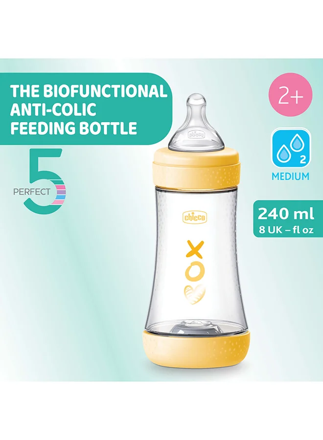شيكو Perfect 5 Feeding Bottle 240ml Medium Flow 2m+ Silicone, Yellow