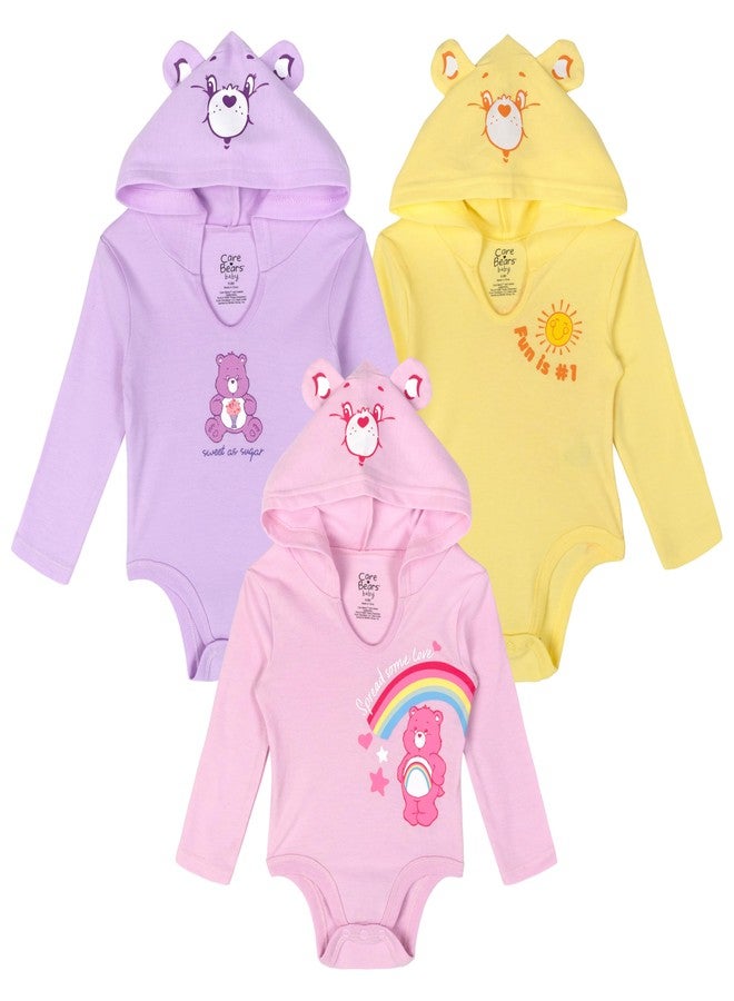 Care Bears Newborn Baby Girls 3 Pack Hooded Cosplay Bodysuits Pink/Yellow/Purple 0-3 Months - Image 1