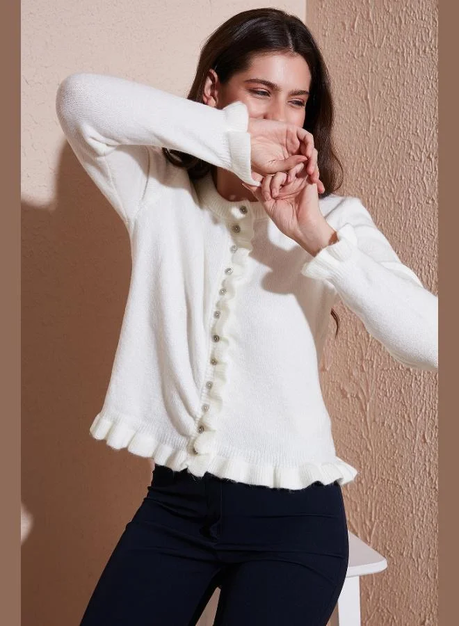 Lela Lela Premium Pleated Detailed Regular Fit Round Neck Knitwear Women's Cardigan 680HI00038