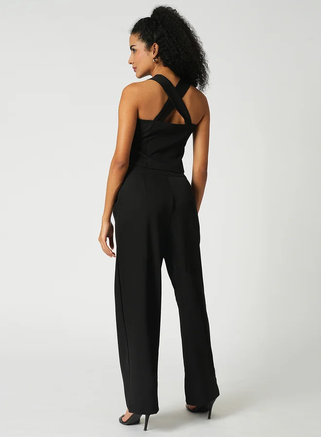 globus Globus Women Black Cross Strap Back Crop Top and Trousers Co-Ords