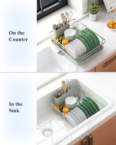 Kitsure Dish Drying Rack for Kitchen Counter, Stainless Steel Sink Organization and Storage Essentials with Cutlery Holder, Home and Appartment Decor, 12''W x 15.5''L, Light Grey - Image 5