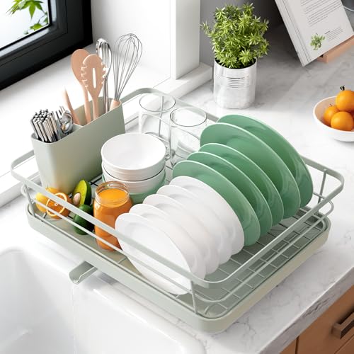Kitsure Dish Drying Rack for Kitchen Counter, Stainless Steel Sink Organization and Storage Essentials with Cutlery Holder, Home and Appartment Decor, 12''W x 15.5''L, Light Grey - Image 1