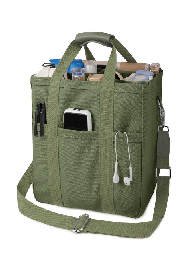 Youjaree Canvas Tote Bag for Women Crossbody Tote Bag with Multi Pockets Casual Shoulder Bag Top Handle Handbag with Compartments (Light Green) - Image 1