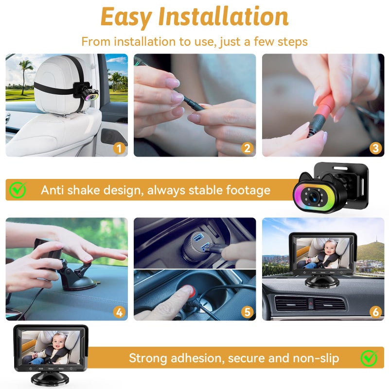 Wkzay Baby Car Camera HD 1080P - 150Â° Wide Angle, Night Vision, Adjustable View, LED Lights, Easy Installation, Infant Safety, Rear Seat Monitoring for Car Travel - Image 3