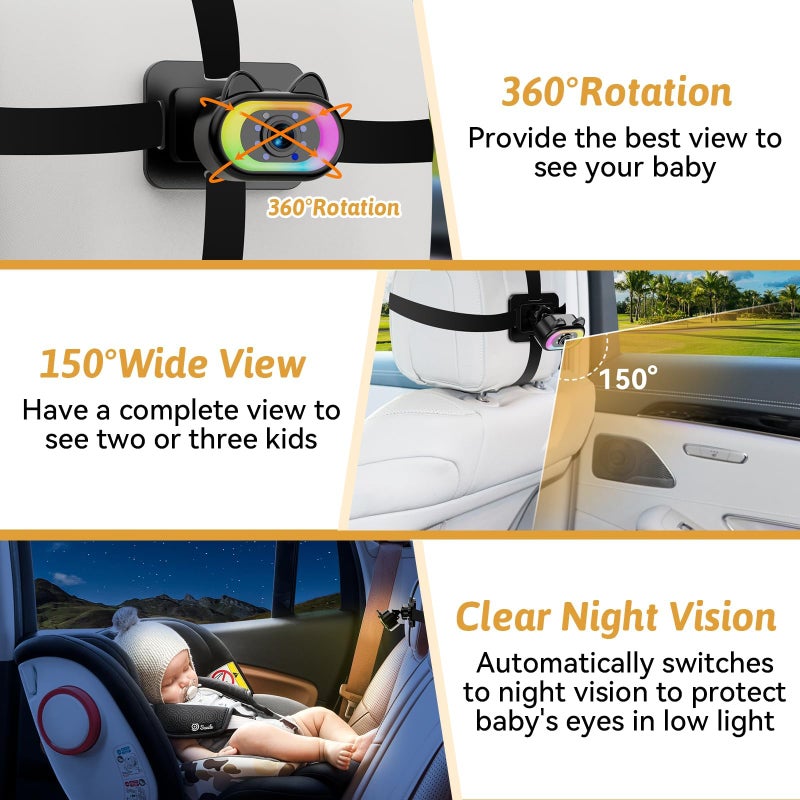 Wkzay Baby Car Camera HD 1080P - 150Â° Wide Angle, Night Vision, Adjustable View, LED Lights, Easy Installation, Infant Safety, Rear Seat Monitoring for Car Travel - Image 4