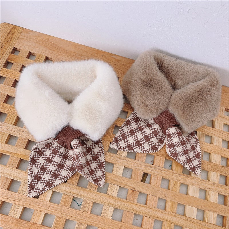 Autumn and Winter Children''s scarf warm fur collar boys and girls plush stitching Plaid knitted cross collar baby scarf - Image 5