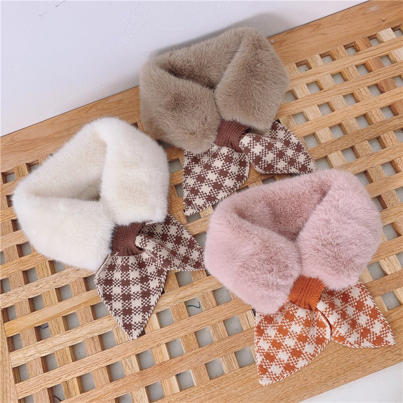 Autumn and Winter Children''s scarf warm fur collar boys and girls plush stitching Plaid knitted cross collar baby scarf - Image 3
