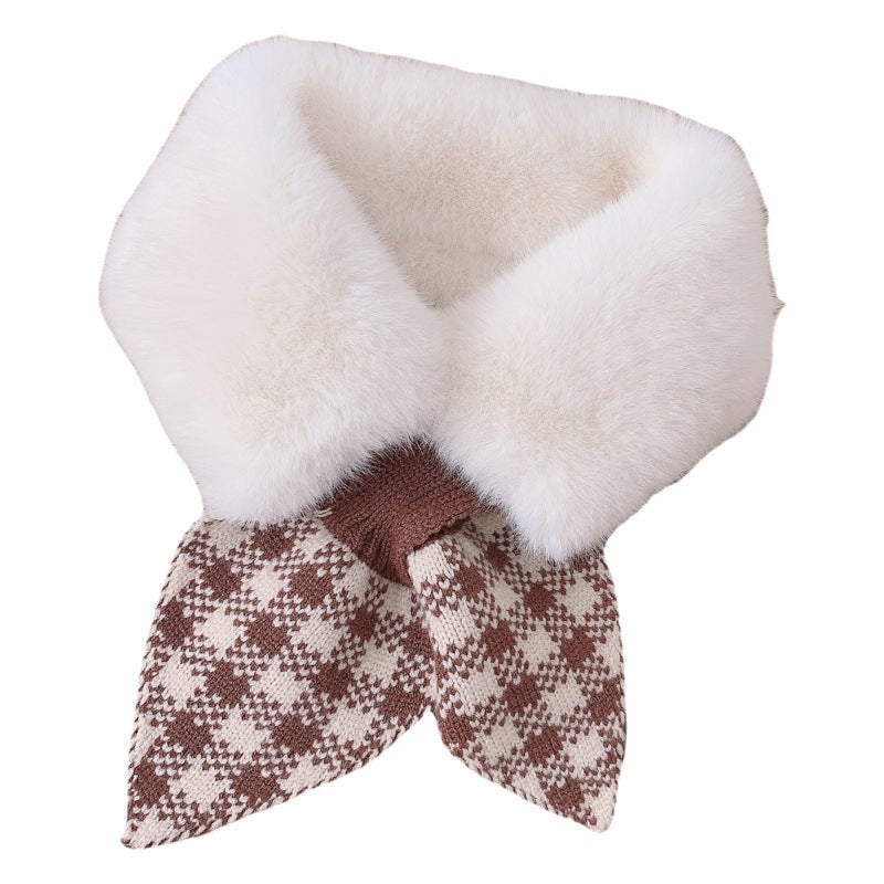 Autumn and Winter Children''s scarf warm fur collar boys and girls plush stitching Plaid knitted cross collar baby scarf - Image 2