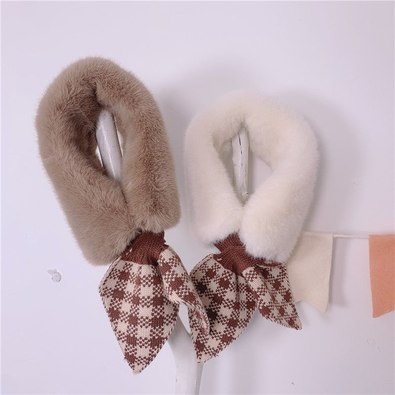 Autumn and Winter Children''s scarf warm fur collar boys and girls plush stitching Plaid knitted cross collar baby scarf - Image 4