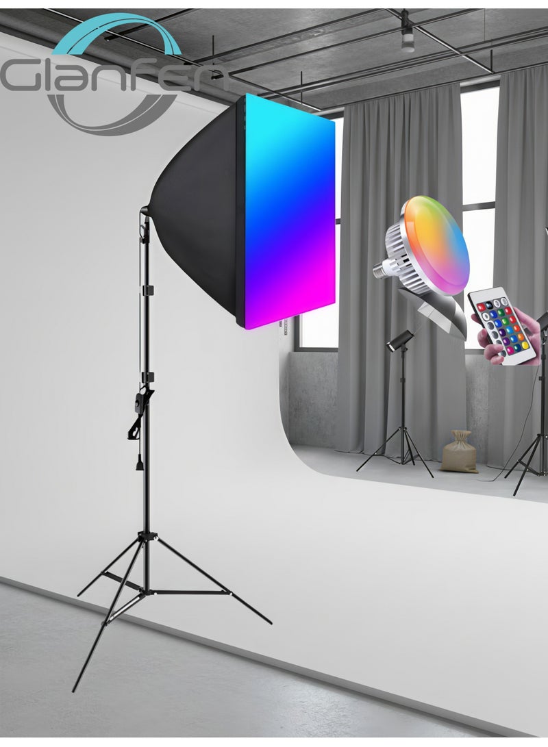 Glanfen RGB Photography Lighting Kit with 150W LED Bulb & Remote Control - 40x40cm Square Softbox and 1.5m Adjustable Light Stand for Studio Video Recording, YouTube & TikTok - Image 1