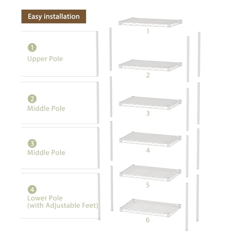 SINGAYE 6 Shelves Storage Shelf Wire Closet Bathroom Organizers Metal Pantry Kitchen Small Garage Shelving Unit Laundry Room Organization Home Corner Rack Estantes para Cocina White 10" Dx16 Wx60”H - Image 5