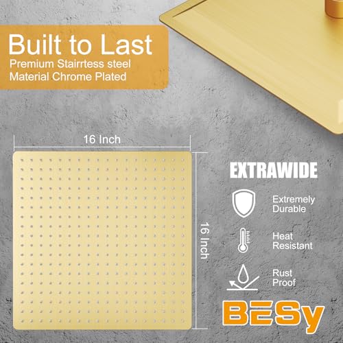 BESy 16 Inch Rain Shower Head, 16" Square Rainfall & High Pressure Stainless Steel Bath Showerhead, 1/16" Ultra Thin, Waterfall Full Body Coverage with Silicone Nozzle, Brushed Gold - Image 4