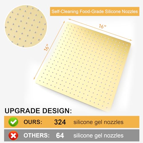 BESy 16 Inch Rain Shower Head, 16" Square Rainfall & High Pressure Stainless Steel Bath Showerhead, 1/16" Ultra Thin, Waterfall Full Body Coverage with Silicone Nozzle, Brushed Gold - Image 5