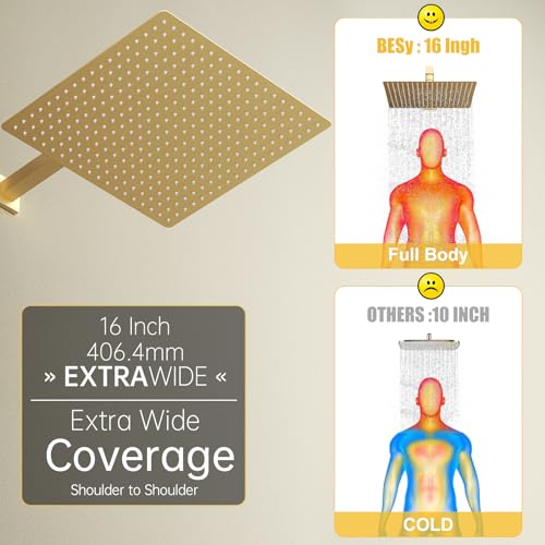 BESy 16 Inch Rain Shower Head, 16" Square Rainfall & High Pressure Stainless Steel Bath Showerhead, 1/16" Ultra Thin, Waterfall Full Body Coverage with Silicone Nozzle, Brushed Gold - Image 3