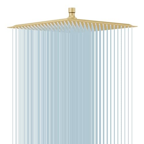 BESy 16 Inch Rain Shower Head, 16" Square Rainfall & High Pressure Stainless Steel Bath Showerhead, 1/16" Ultra Thin, Waterfall Full Body Coverage with Silicone Nozzle, Brushed Gold - Image 1