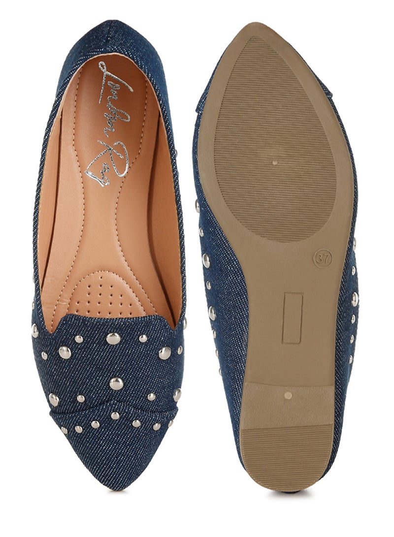 London Rag Stud Emebllished Ballet Flats in Denim - Image 4