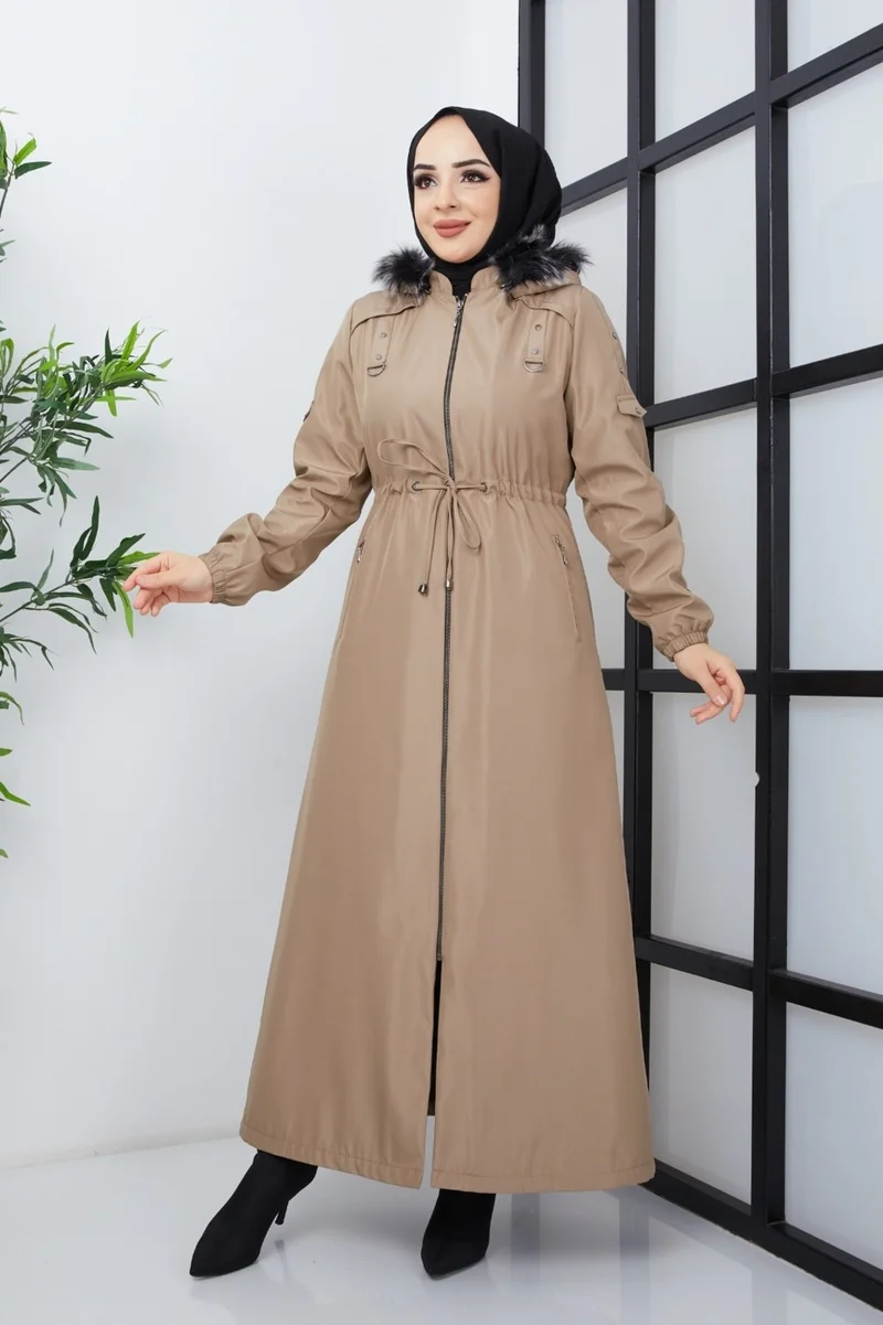 KMK Kombin KMK Combined Patterned Waist Belted Under Lining Fiber Hat Furry Long Coat & Jacket