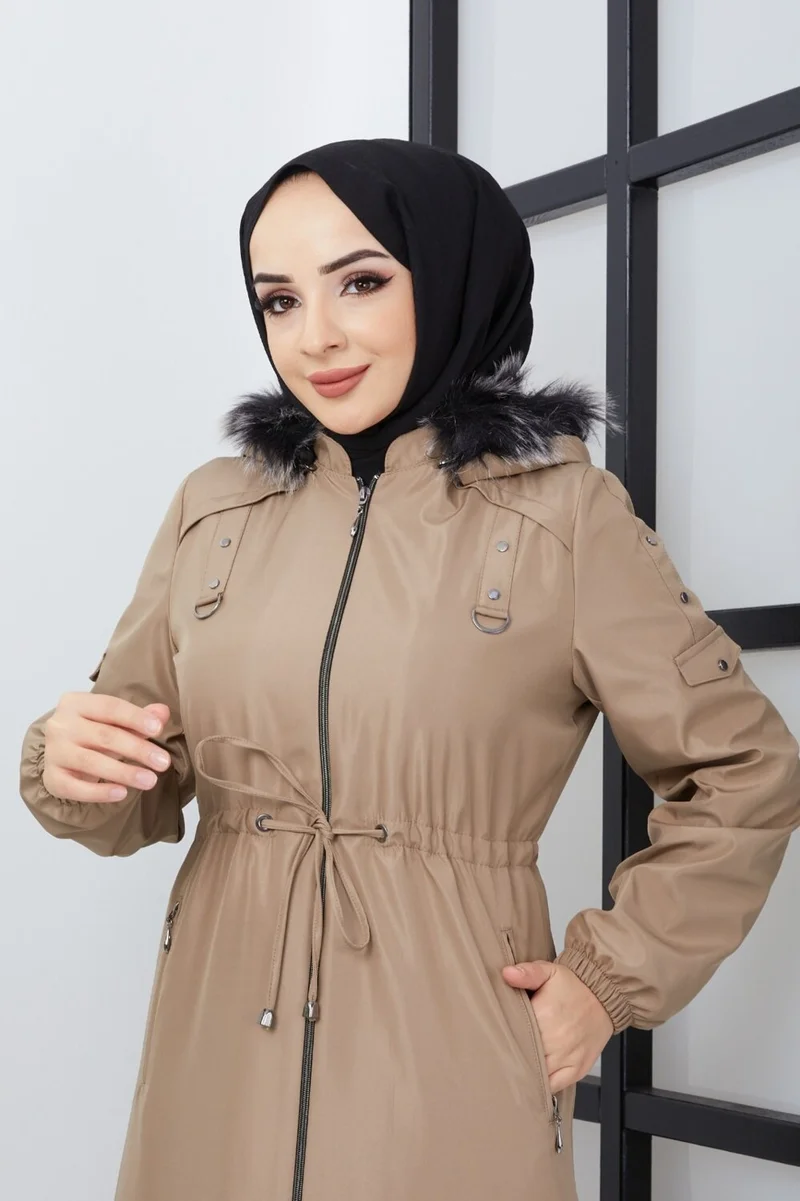 KMK Kombin KMK Combined Patterned Waist Belted Under Lining Fiber Hat Furry Long Coat & Jacket