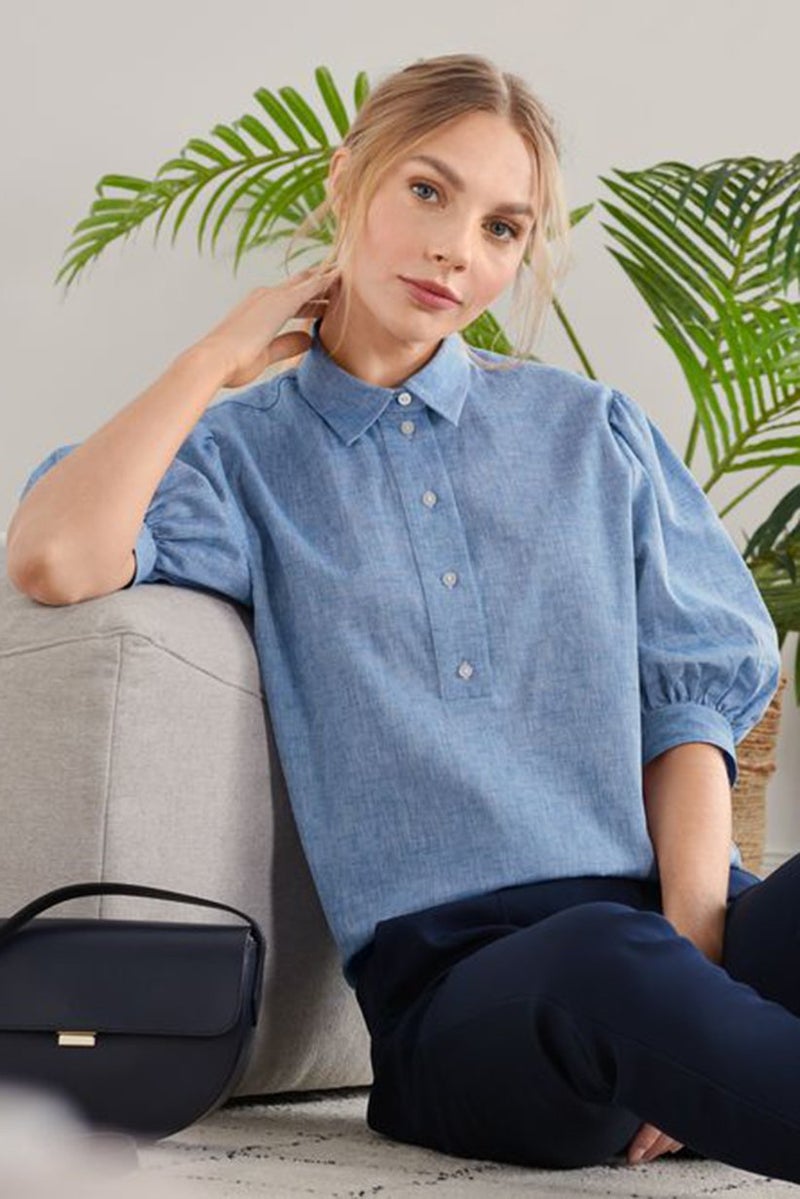 Tchibo Women Pointed Neclkine Short Sleeve Plain Top, Chambray - Image 1