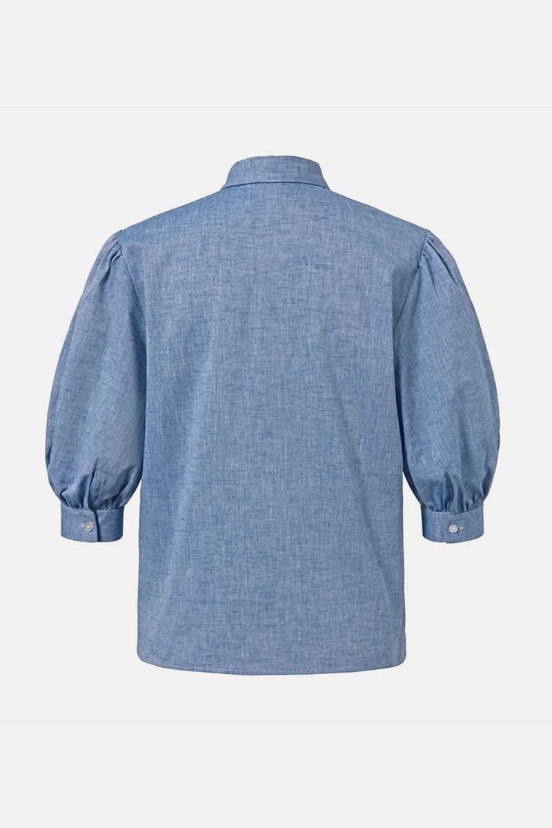 Tchibo Women Pointed Neclkine Short Sleeve Plain Top, Chambray - Image 2