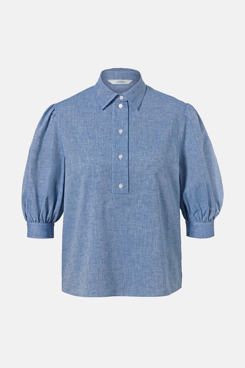 Tchibo Women Pointed Neclkine Short Sleeve Plain Top, Chambray - Image 3