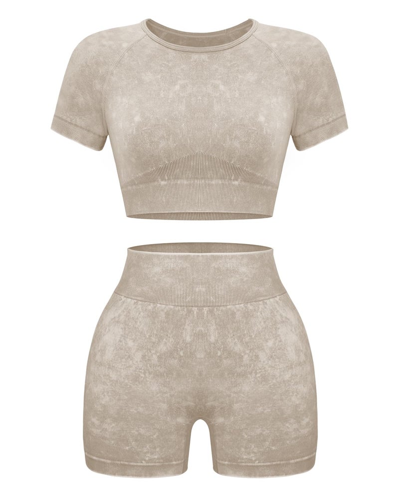 OLCHEE Womens Workout Sets 2 Piece - Seamless Acid Wash Yoga Outfits Leggings Shorts and Crop Top Matching Gym Activewear Athletic Clothing Set - Cream Medium - Image 1