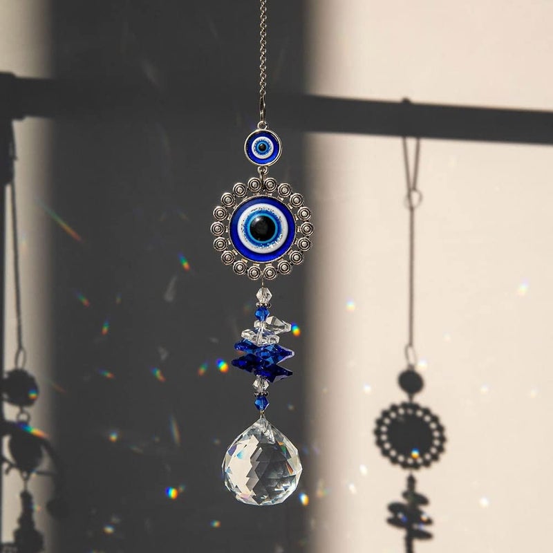 MENGSOOD Evil Eye Car Hanging Ornament Blue Evil Eye for Rear View Mirror Evil Eye and Good Luck Charm Window Hanging Sun Catcher Car Amulet Ornament for Protection & Blessing (1pcs Round) - Image 2