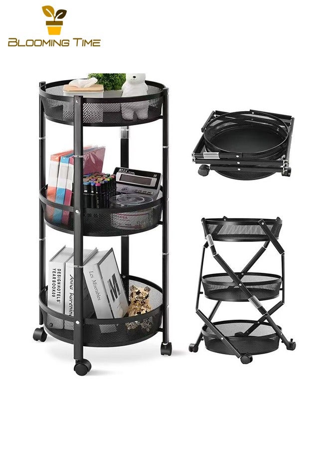 بلومنغ تايم المطبخ للطي رفوف ، متعددة الطبقات الفاكهة والخضروات وجبة خفيفة عربات التخزين ، رفوف المنقولة ، تدوير رفوف ، تركيب خالية الخضار رفوف ، متعددة الوظائف تخزين رفوف ، أسود - Image 1