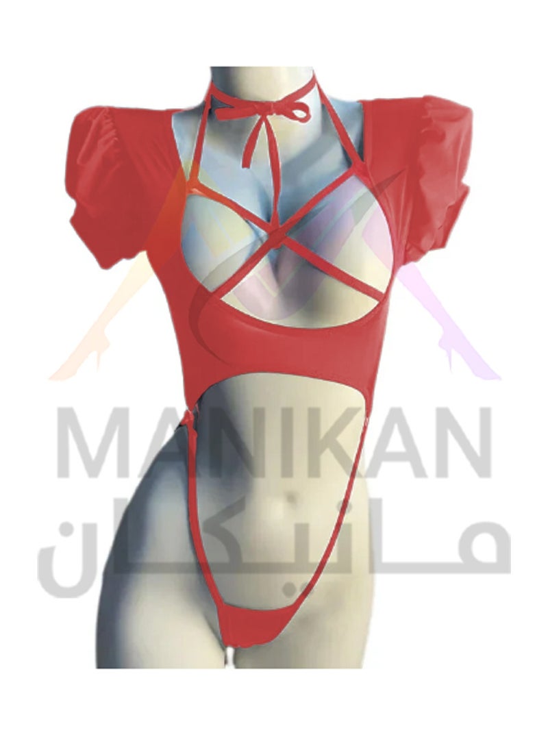 مانيكان بودي لانجري نسائي من مانيكان بقصة مفتوحة مع أكمام منفوخة وربطة رقبة - Image 3