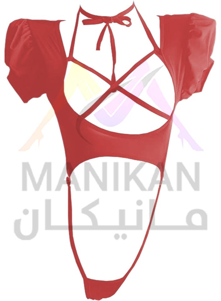 مانيكان بودي لانجري نسائي من مانيكان بقصة مفتوحة مع أكمام منفوخة وربطة رقبة - Image 2