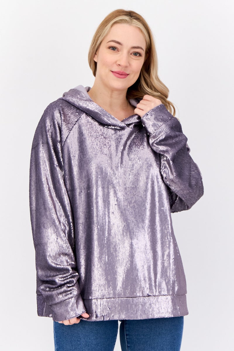 ESPRIT Women Sequined Long Sleeve Hoodie, Purple  - Image 1