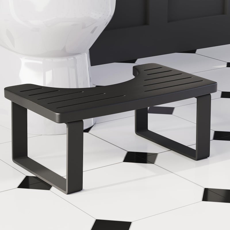 Squatting Potty for Adults 7in Wooden Poop Stool Adult Matte Black Bamboo Toilet Stool Squat Wood Pooping Stool for Bathroom Toilet Foot Step for Kids with NonSlip Mat