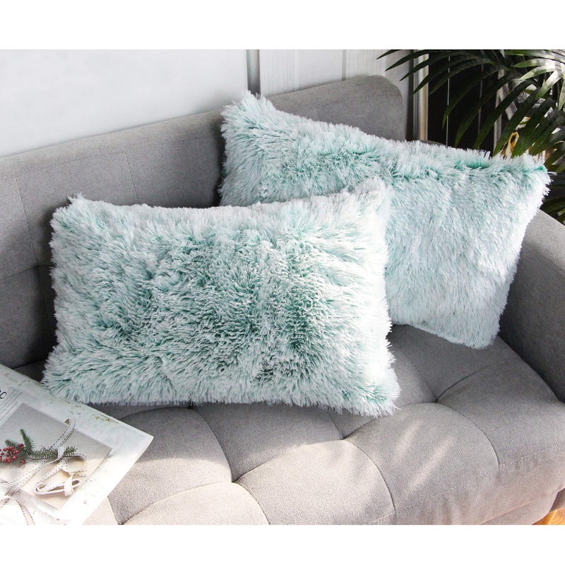 Uhomy 2 Packs Home Decorative Luxury Series Super Soft Faux Fur Rectangular Throw Pillow Cover Furry Cushion Case for Sofa or Bed Green Ombre 12x20 Inch 30x50 Cm