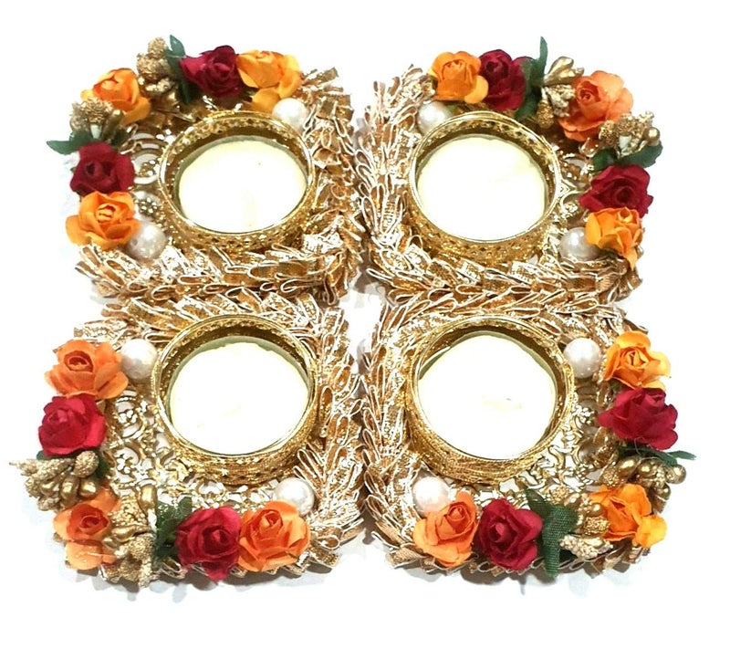PRAHLL PRAHLL Artificial Rose Flower with Pearls Golden Rings Diya Rangoli Candles Tealight Holder Diwali Diya Decorative Flowers 4 