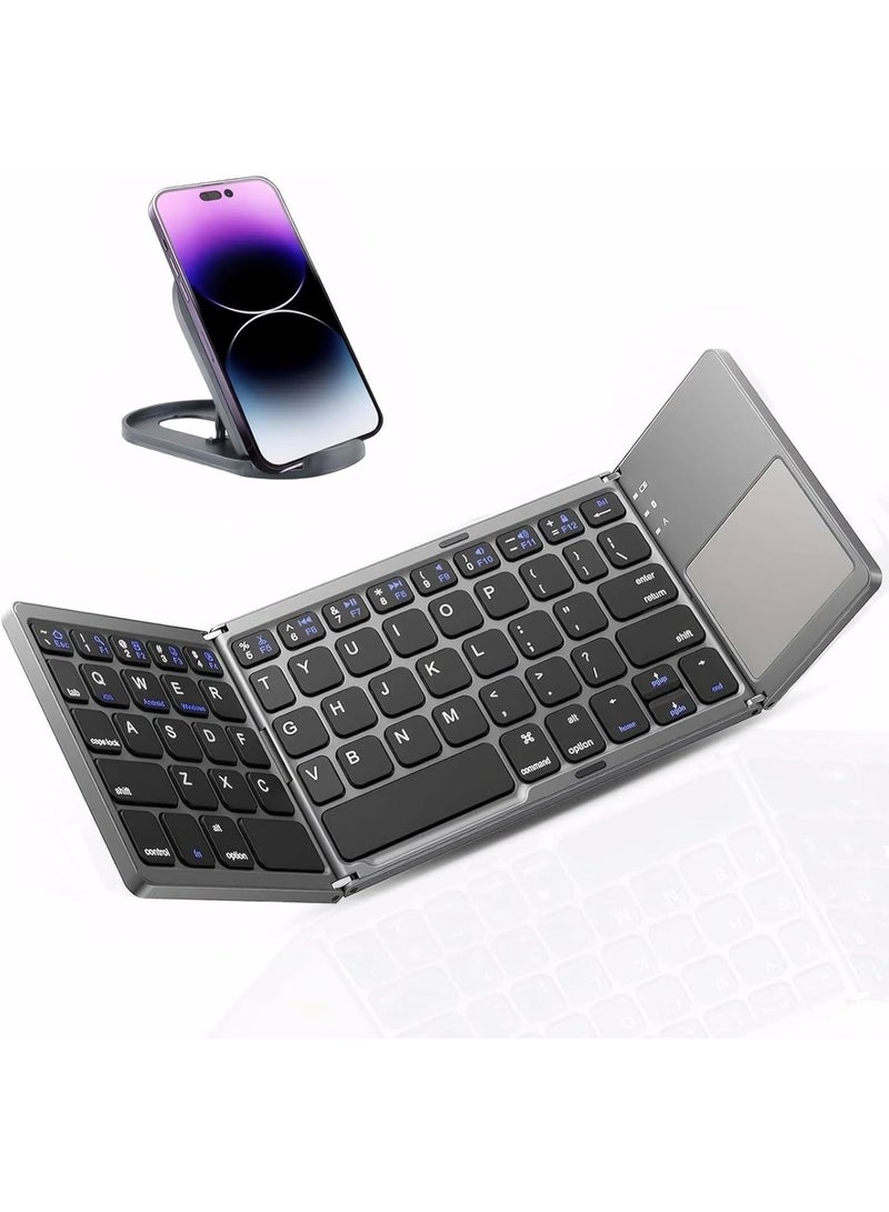Foldable Bluetooth Keyboard with Touchpad - Portable Wireless Keyboard with Stand Holder, Rechargeable Full Size Ultra Slim Pocket Folding Keyboard for Android Windows IOS Tablet & Laptop-Gray - Image 1