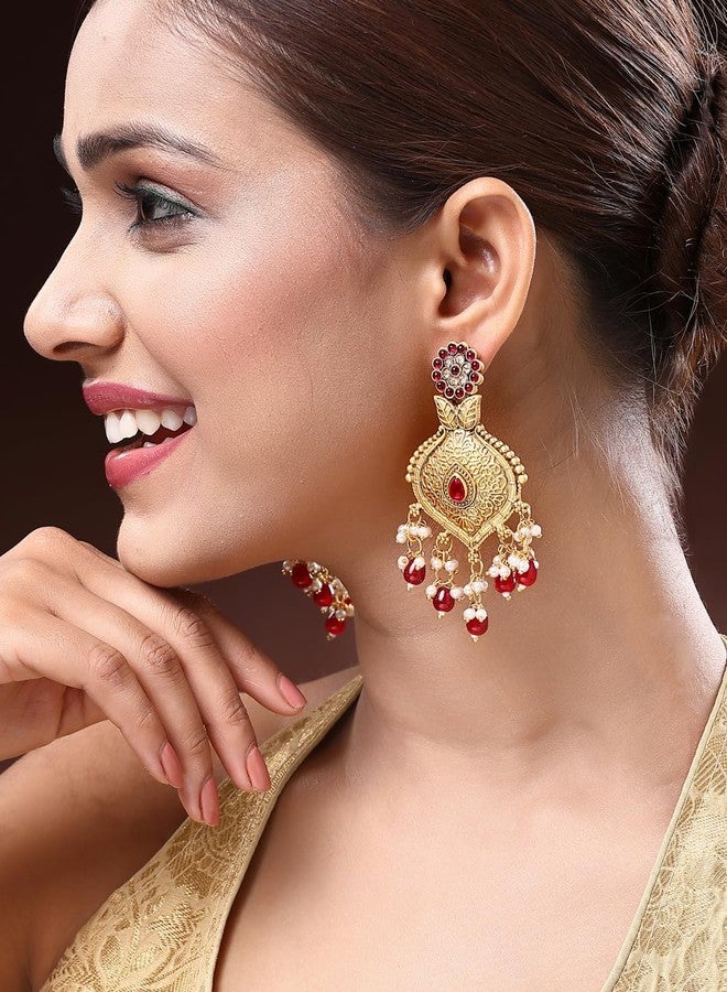 ADIVA 22K Antique Gold-Plated Ruby Kundan Peacock Shape Meenakari Classic Big Chandelier Earrings Set for women, Traditional Stylish Jhumka for Girls Party, Wedding, Festive - Image 5