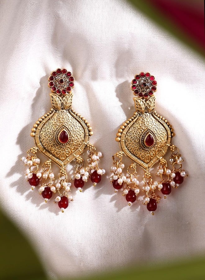 ADIVA 22K Antique Gold-Plated Ruby Kundan Peacock Shape Meenakari Classic Big Chandelier Earrings Set for women, Traditional Stylish Jhumka for Girls Party, Wedding, Festive - Image 2