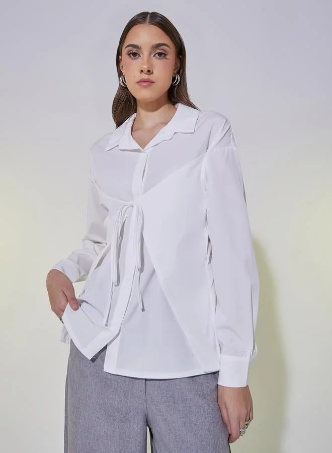 تايك تو قميص لف بأكمام طويلة مع تفاصيل ربط